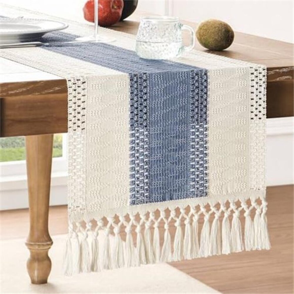 Boho Macrame Table Runner Blue Ivory Farmhouse Table Decor Dining Table 90 Inch